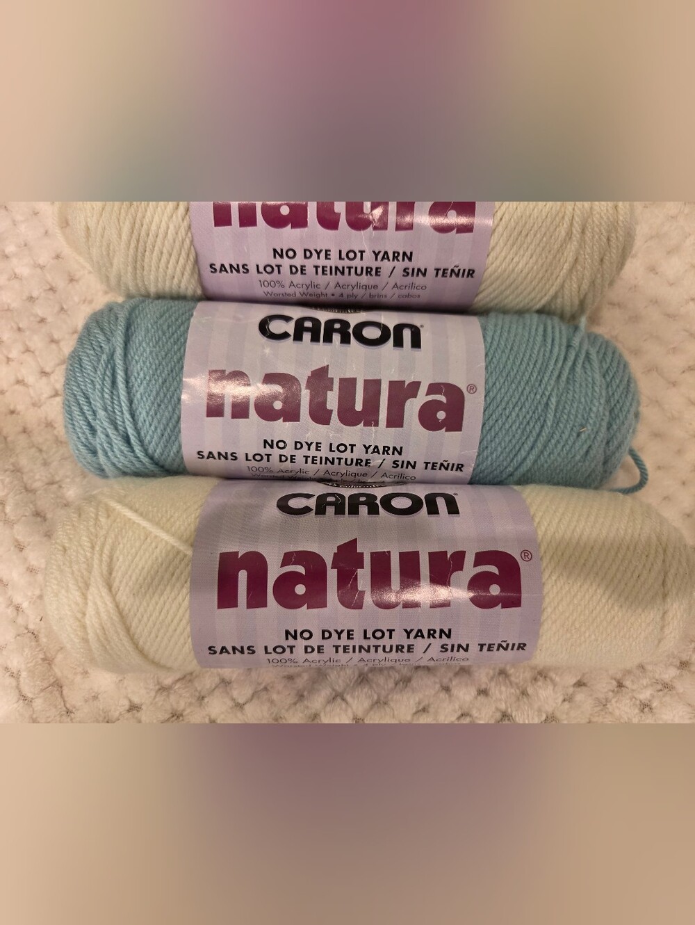 Caron Natura Acrylic Yarn - Off White and Soft Sage 3 Skeins